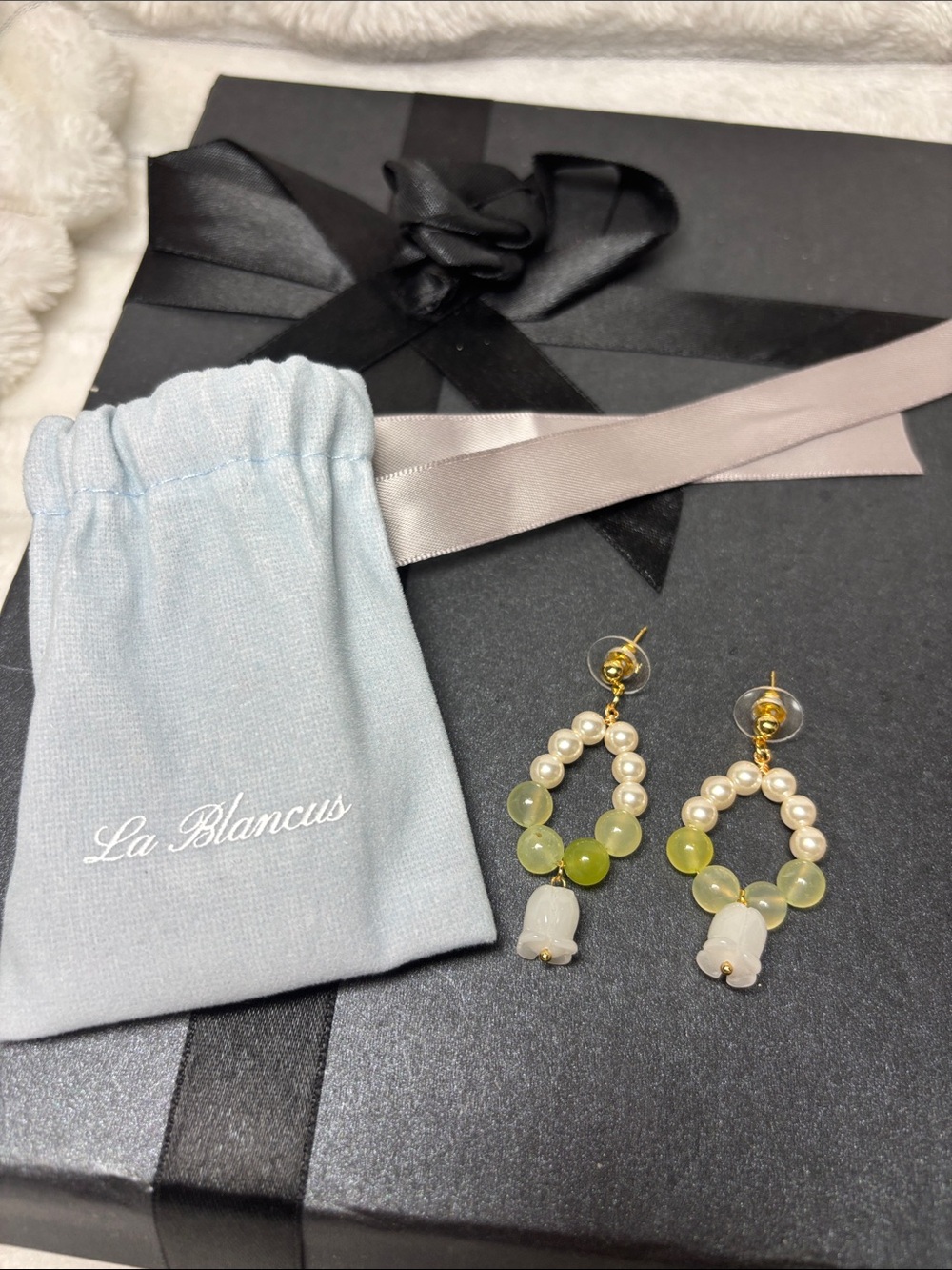 La Blancus Gold Plated to Pearl and Jade Dangling Tulip Earrings  NWT